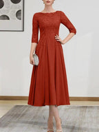 A-line Scoop Illusion Tea-Length Chiffon Lace Mother of the Bride Dress With Beading Sequins by Dreamylily