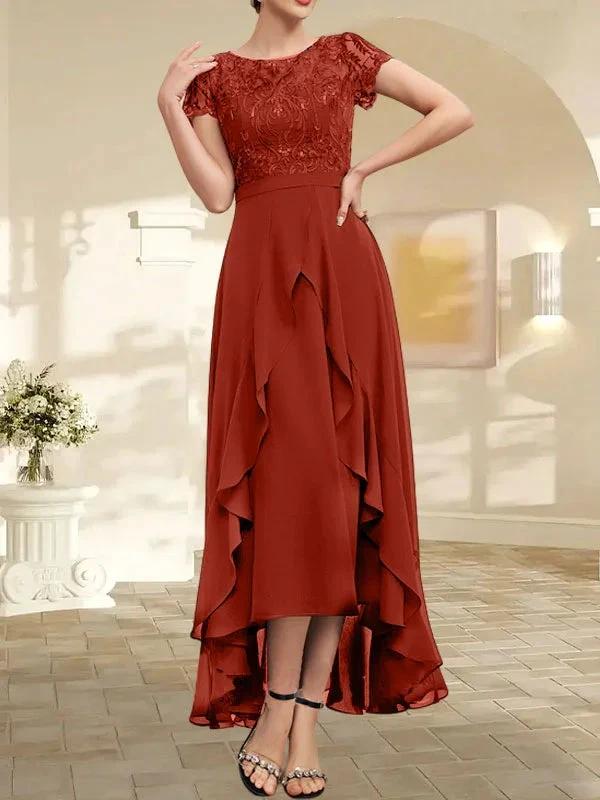 A-line Scoop Illusion Asymmetrical Chiffon Lace Mother of the Bride Dress With Bow Ruffle Sequins by Dreamylily