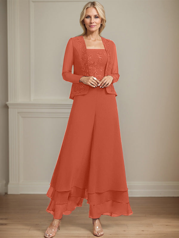 Separates Jumpsuit/Pantsuit Square Ankle-Length Lace Chiffon Mother of the Bride Dress With Sequins