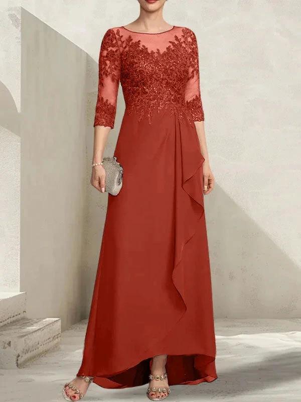 A-line Scoop Illusion Asymmetrical Lace Chiffon Mother of the Bride Dress With Sequins Cascading Ruffles by Dreamylily