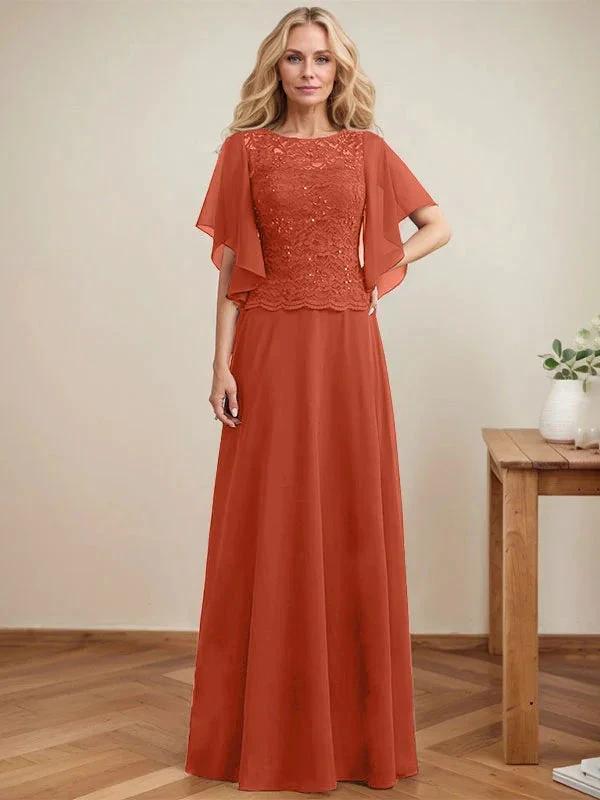 A-line Scoop Illusion Floor-Length Lace Chiffon Mother of the Bride Dress With Sequins by Dreamylily