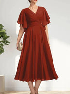 A-line V-Neck Tea-Length Chiffon Mother of the Bride Dress With Pleated Beading by Dreamylily