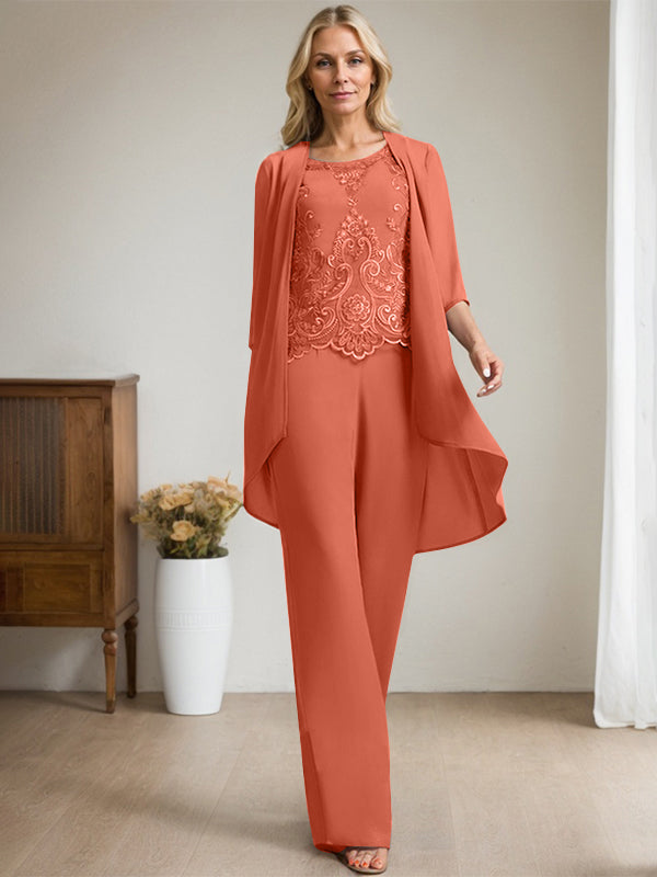 Separates Jumpsuit/Pantsuit Scoop Floor-Length Chiffon Lace Mother of the Bride Dress With Beading Sequins