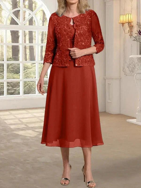 A-line Scoop Tea-Length Lace Chiffon Mother of the Bride Dress With Sequins by Dreamylily