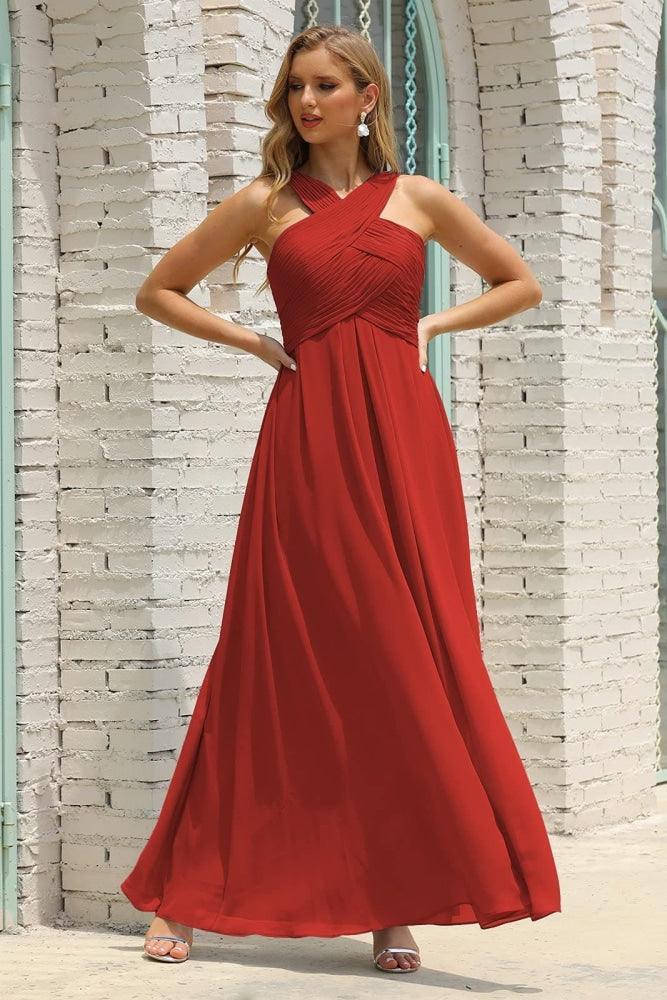 Vestido de dama de honor de gasa con cuello halter para mujer de Numbersea, corte A, largo, formal, para fiesta de graduación, SEA28015 
