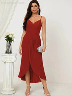 Numbersea Spaghetti Chiffon V Neck Bridesmaid Dress Mid-Length Slit Formal Prom Dress Homecoming Dress 2803 by numbersea