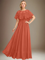 A-line Boat Neck Floor-Length Lace Chiffon Mother of the Bride Dress With Applique Sequins by Dreamylily