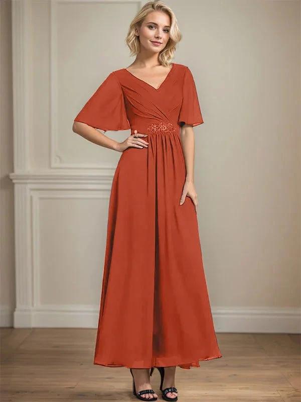 A-line V-Neck Ankle-Length Chiffon Mother of the Bride Dress With Pleated Beading Sequins by Dreamylily