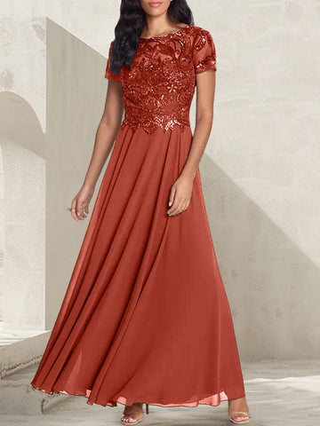 Vestido largo de madre de la novia con escote redondo, corte A, color gris carbón y cuentas