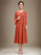 A-line Scoop Tea-Length Lace Chiffon Mother of the Bride Dress With Sequins by Dreamylily