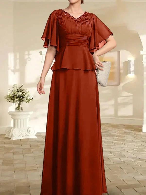 A-line V-Neck Floor-Length Chiffon Mother of the Bride Dress With Pleated Beading by Dreamylily