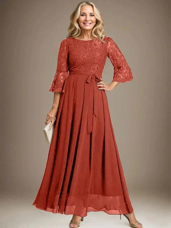 A-line Scoop Ankle-Length Lace Chiffon Mother of the Bride Dress With Bow by Dreamylily