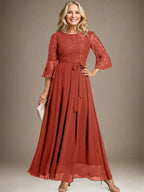 A-line Scoop Ankle-Length Lace Chiffon Mother of the Bride Dress With Bow by Dreamylily