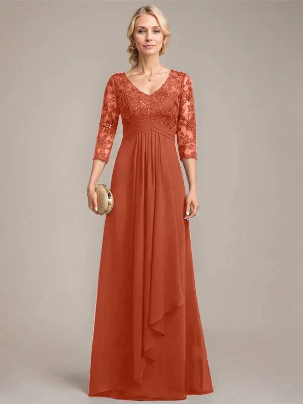 A-line V-Neck Floor-Length Lace Chiffon Mother of the Bride Dress With Cascading Ruffles Sequins by Dreamylily