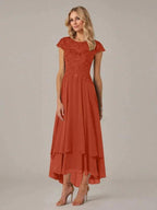 A-line Boat Neck Illusion Asymmetrical Chiffon Lace Mother of the Bride Dress With Applique Pleats by Dreamylily