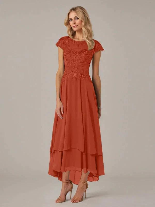 A-line Boat Neck Illusion Asymmetrical Chiffon Lace Mother of the Bride Dress With Applique Pleats by Dreamylily