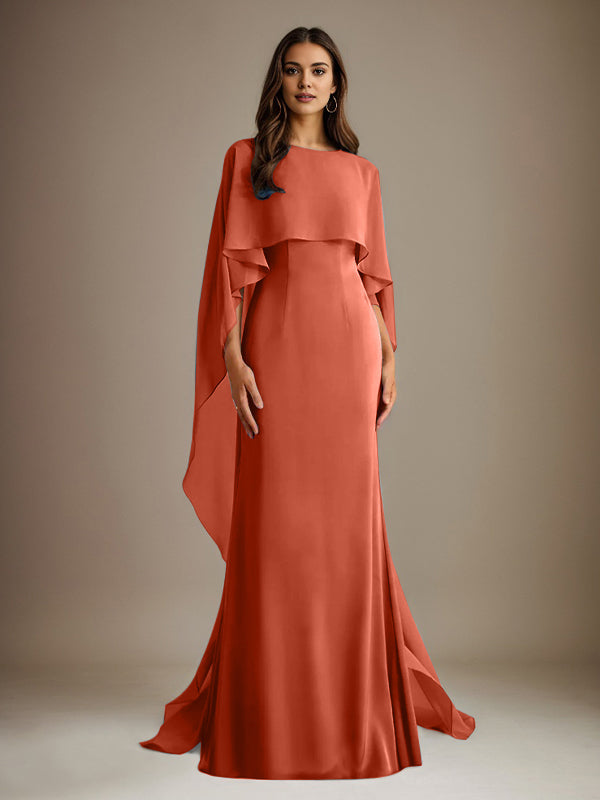 Sheath/Column Boatneck Floor-Length Chiffon Mother of the Bride Dress With Cascading Ruffles
