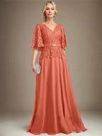 A-line V-Neck Floor-Length Chiffon Lace Mother of the Bride Dress With Crystal Brooch Rhinestone by Dreamylily