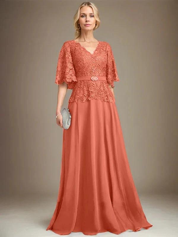 A-line V-Neck Floor-Length Chiffon Lace Mother of the Bride Dress With Crystal Brooch Rhinestone by Dreamylily