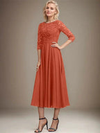 A-line Scoop Tea-Length Lace Chiffon Mother of the Bride Dress With Sequins by Dreamylily