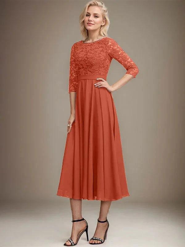 A-line Scoop Tea-Length Lace Chiffon Mother of the Bride Dress With Sequins by Dreamylily