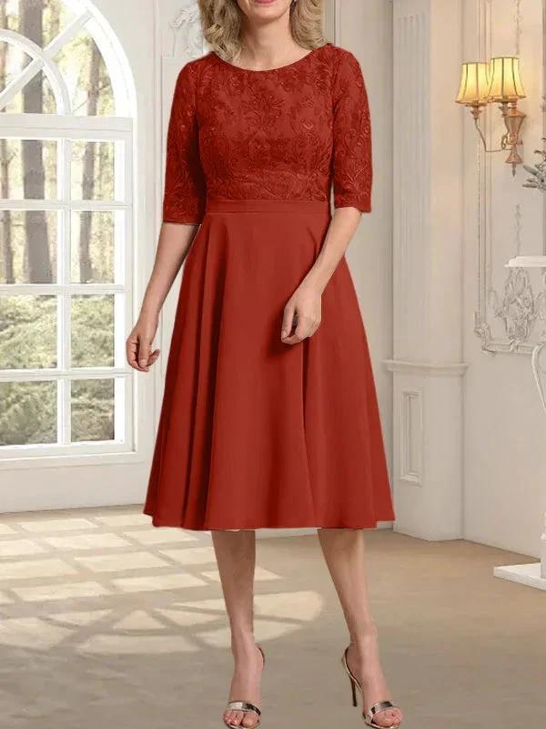 A-line Scoop Knee-Length Lace Chiffon Mother of the Bride Dress by Dreamylily