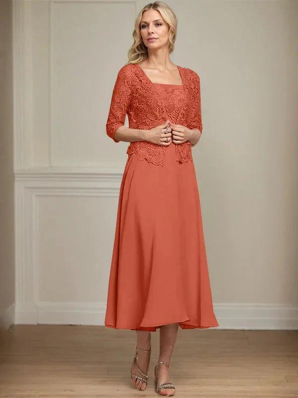 A-line Square Tea-Length Chiffon Lace Mother of the Bride Dress With Sequins Beading by Dreamylily