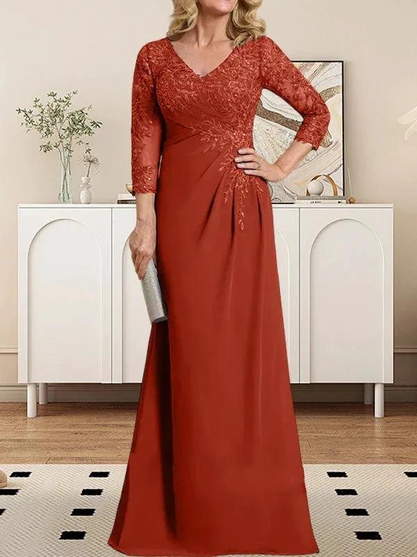 Sheath/Column V-Neck Illusion Floor-Length Lace Chiffon Mother of the Bride Dress With Pleated Sequins by Dreamylily