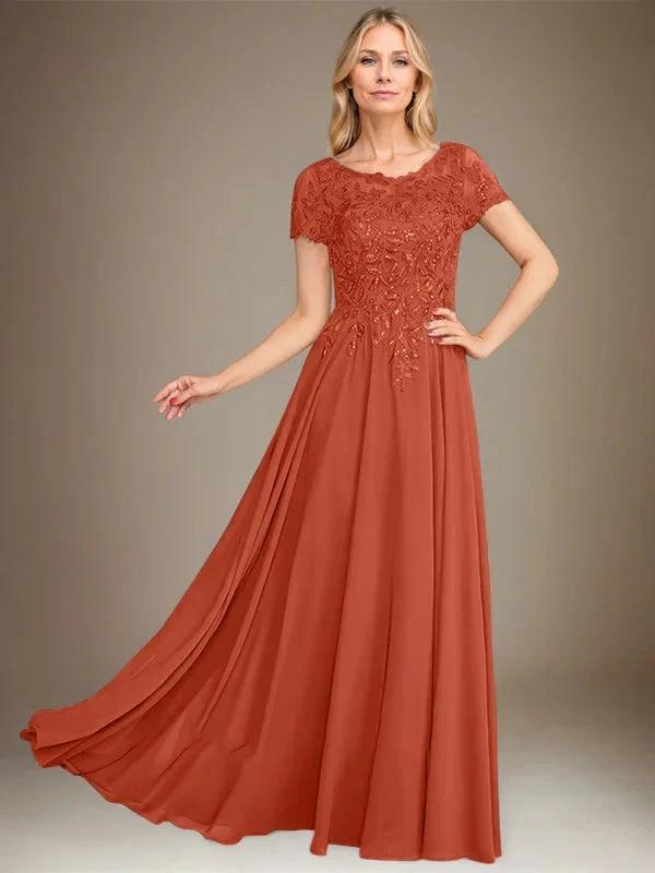 A-Line Scoop Floor-Length Chiffon Mother of the Bride Dress With Applique & Sequins by Dreamylily
