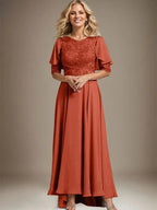 A-line Scoop Illusion Asymmetrical Chiffon Lace Mother of the Bride Dress With Beading by Dreamylily