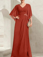 Sheath/Column V-Neck Floor-Length Chiffon Mother of the Bride Dress With Pleated Sequins Beading by Dreamylily