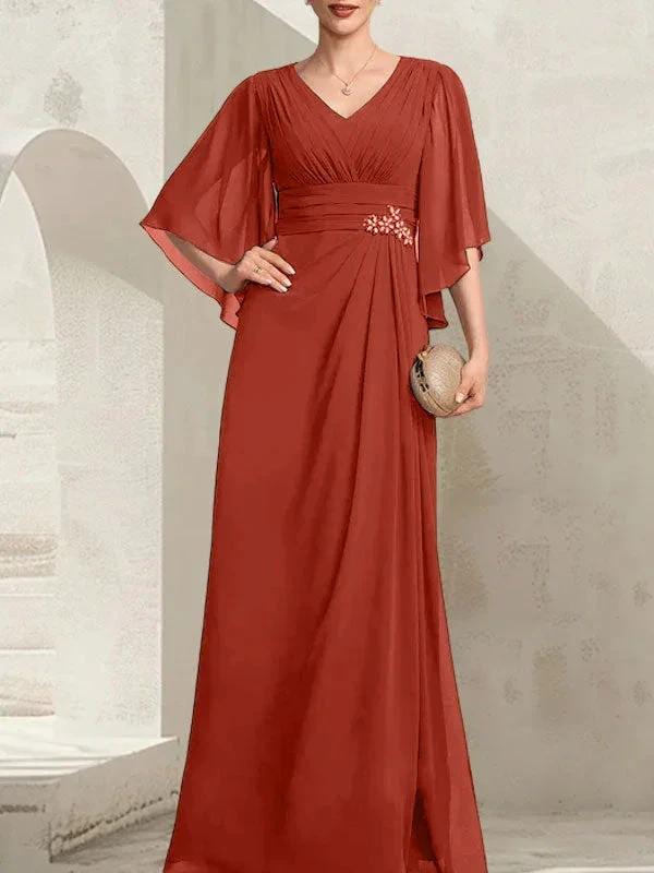 Sheath/Column V-Neck Floor-Length Chiffon Mother of the Bride Dress With Pleated Sequins Beading by Dreamylily