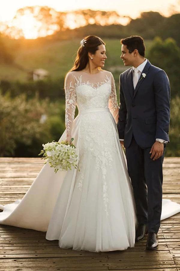 Rustic Lace Long Sleeves Tulle Wedding Dress With Detachable Satin WD624 by pgmdress