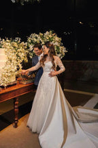 Rustic Lace Long Sleeves Tulle Wedding Dress With Detachable Satin WD624 by pgmdress