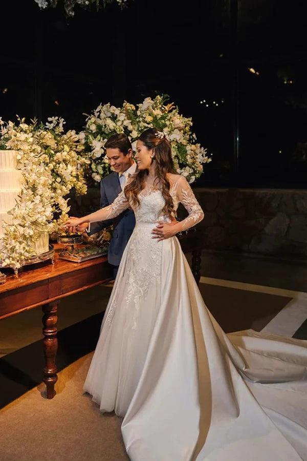 Rustic Lace Long Sleeves Tulle Wedding Dress With Detachable Satin WD624 by pgmdress