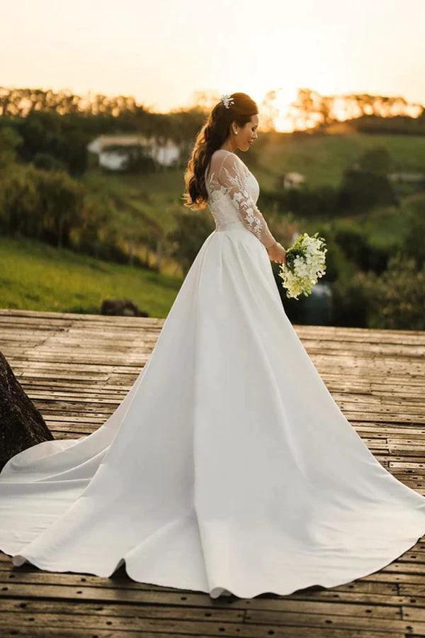 Rustic Lace Long Sleeves Tulle Wedding Dress With Detachable Satin WD624 by pgmdress