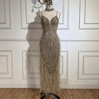 Serene Hill Customized White Nude Mermaid Beaded Feather Evening Gowns 2026 Wedding Party Prom Dresses For Women DLA72047