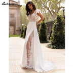 ZapDress Summer Boho Wedding Dresses Beach Lace High Slit Bride Dresses V Neck Wedding Gowns Short Sleeves Customized