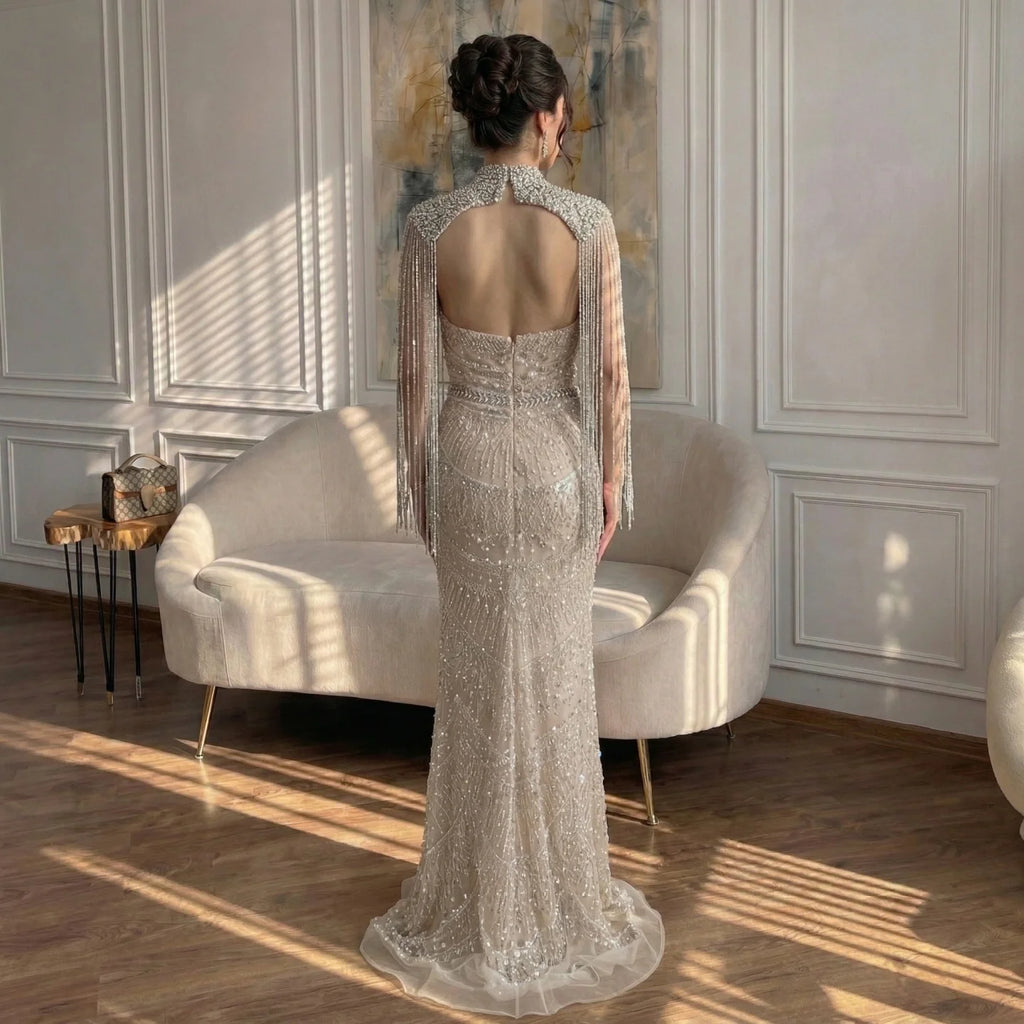 Zapdress Luxury Beaded Mermaid Evening Dress Elegant Crystal Tassel Cape Celebrity Party Gown Vestidos Customized DLA73450A (ZD17347)