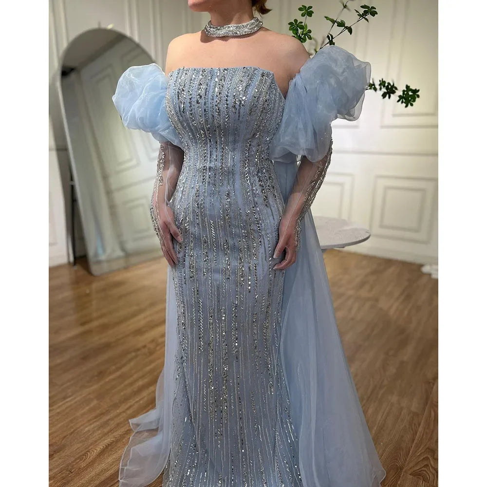 Zapdress Customized Blue Mermaid Puff Sleeves Beaded Evening Dresses Dubai Elegant Party Gowns For Women 2024 (ZD17343)