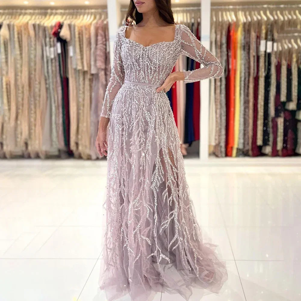 Zapdress Customized Pink Long Sleeves Mermaid Split Beaded Two Pieces Evening Dresses 2025 Party Gowns For Women (ZD17350)