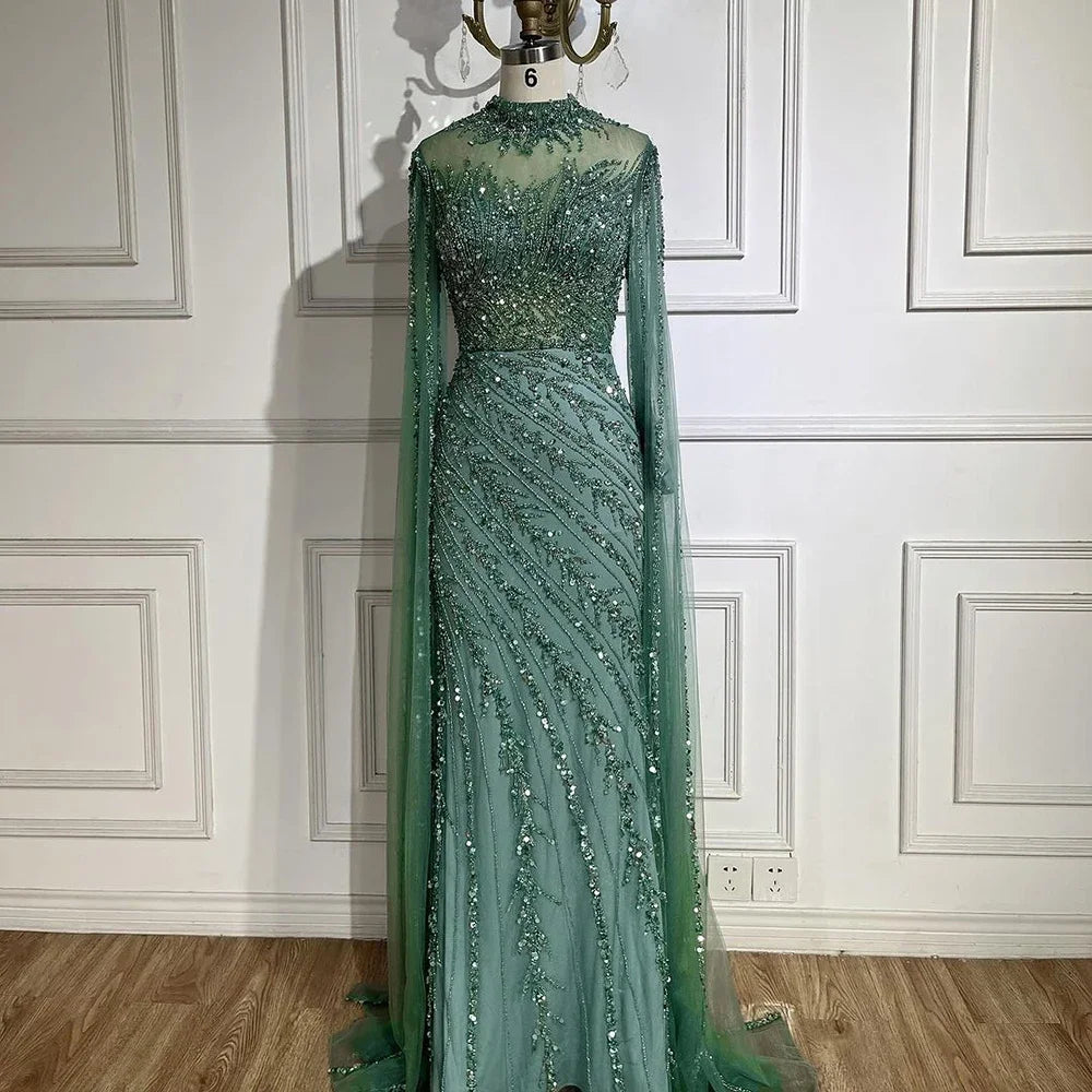 Serene Hill Customized Caramel Mermaid Beaded Cape Sleeves Evening Dresses 2024 Dubai Party Gowns for Women Wedding DLA71885A