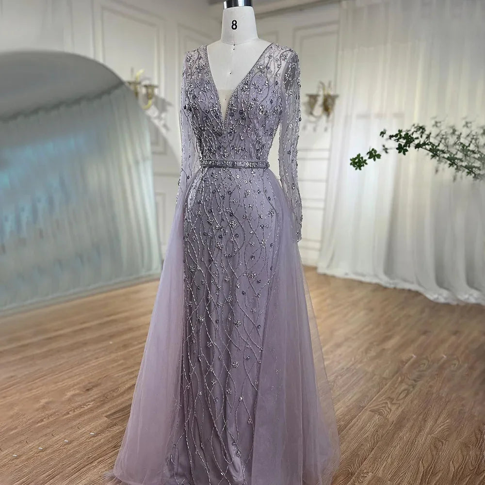 Zapdress Lilac V-Neck Long Sleeves Mermaid Beaded Evening Dress Detachable Overskirt Party Gown for Women (ZD17366)