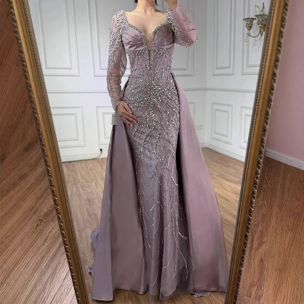 Zapdress Customized 2026 High-end Beaded Blue Long Sleeves Evening Dress with Overskirt Satin Party Gowns for Women (ZD17332)