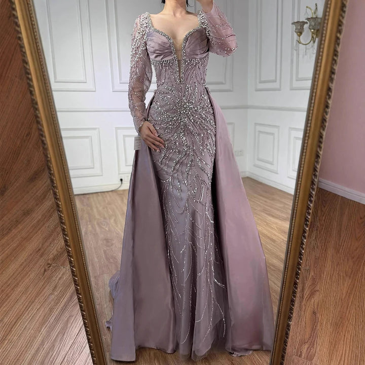 Serene Hill Customized 2026 High-end Beaded Blue Long Sleeves Evening Dress with Overskirt Satin Party Gowns for Women DLA72963
