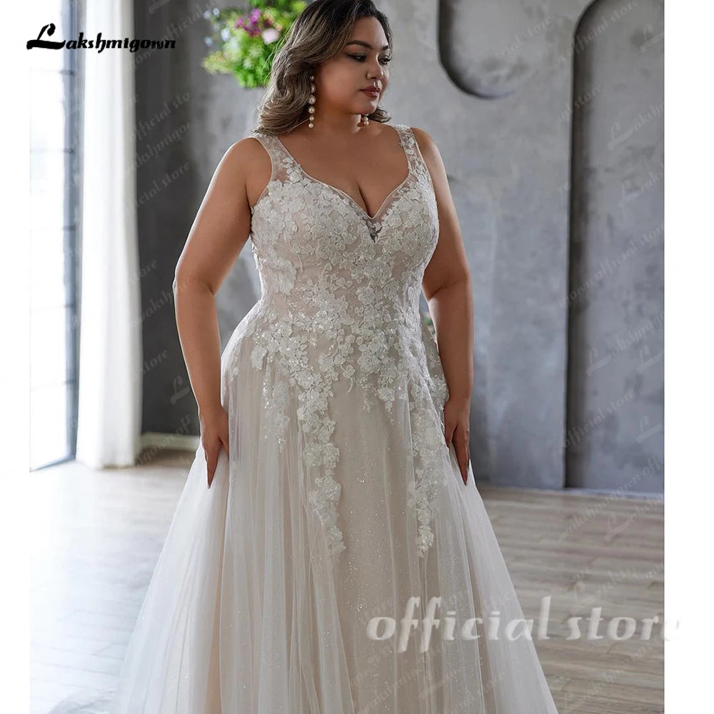 ZapDress Plus Size V-neck Wedding Dresses For Woman Bride Illusion Back A-line Tulle Appliques Bridal Gown Customized