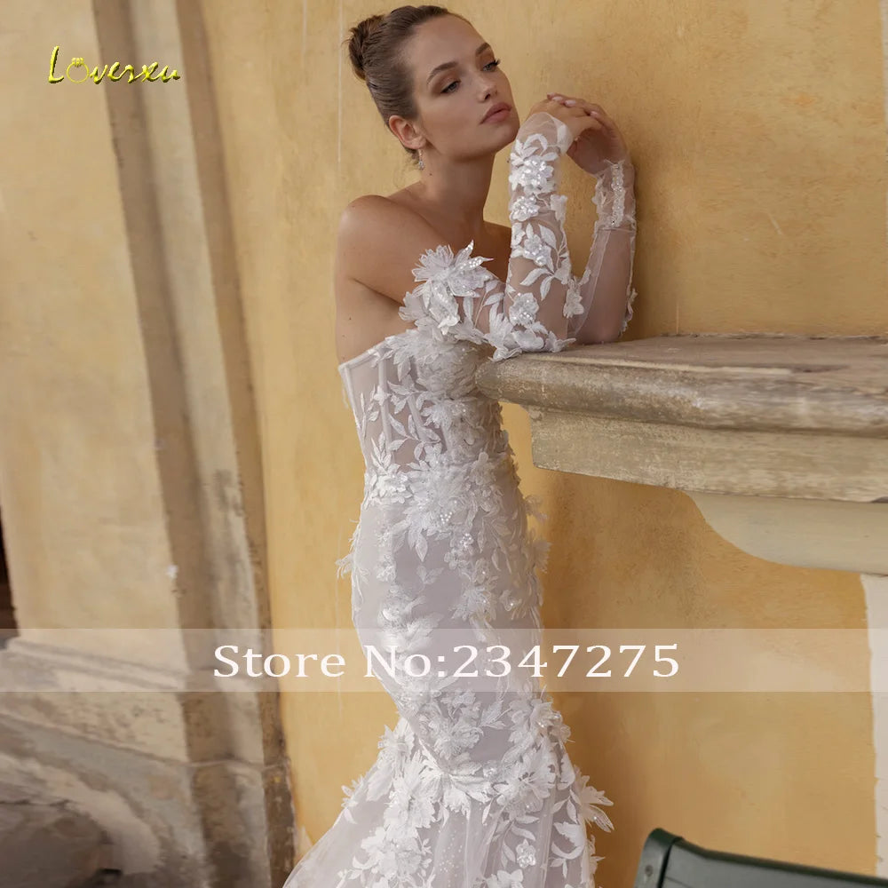 Loverxu Mermaid Sexy Wedding Dresses Strapless Long Sleeve Vestido De Novia Beading Appliques 3D Flowers Custom Made Bridal Gown