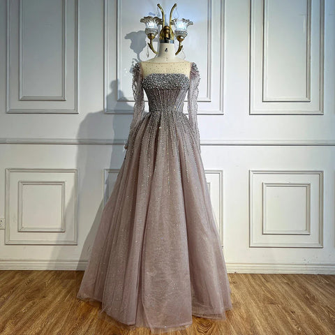 Luxury Caramel Sparkly A-Line Evening Dress with Long Sleeves LA72991