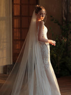 V393 One layer Bridal Veil - White Long Train Wedding Tulle Headpiece for Brides With Comb