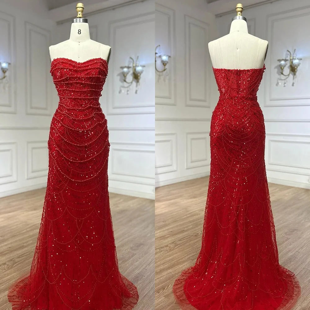 Zapdress Red Strapless Mermaid Pearls Beaded Evening Dresses with Long Cape Wedding Party Gowns 2025 DLA72585A Customized (ZD17356)